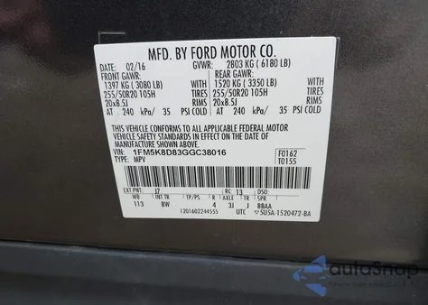 2016 Ford Explorer Xlt from USA, damaged, VIN 1FM5K8D83GGC38016